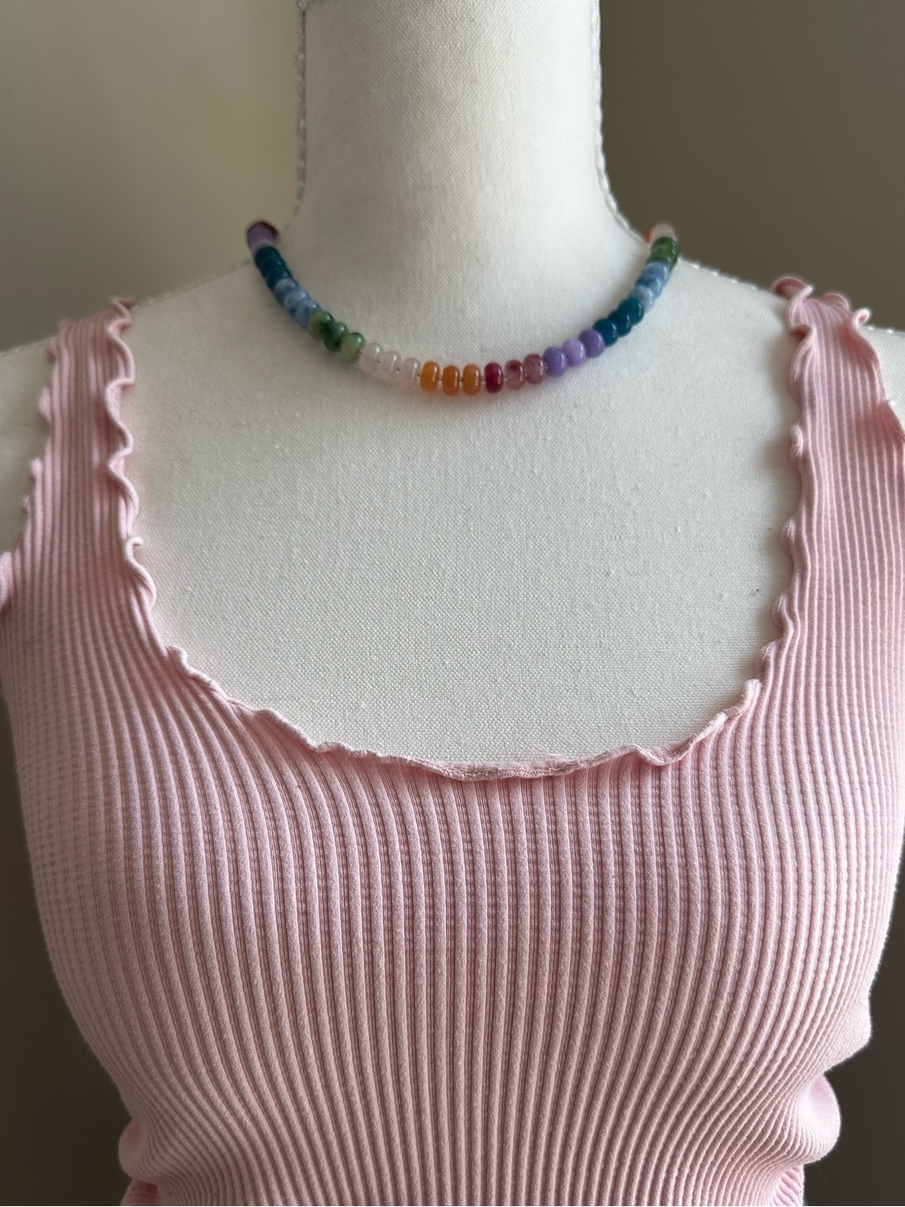 Women’s Ribbed Pink Tank Top with Ruffle Trim - Picture 2 of 2